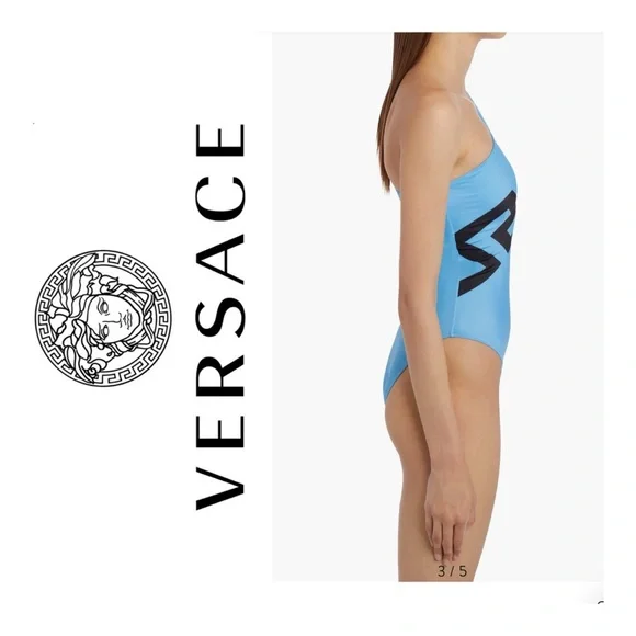 NWOT VERSACE GRECA LOGO ONE SHOULDER ONE-PIECE SWIMSUIT IN GNAWED BLUE - Picture 4 of 11